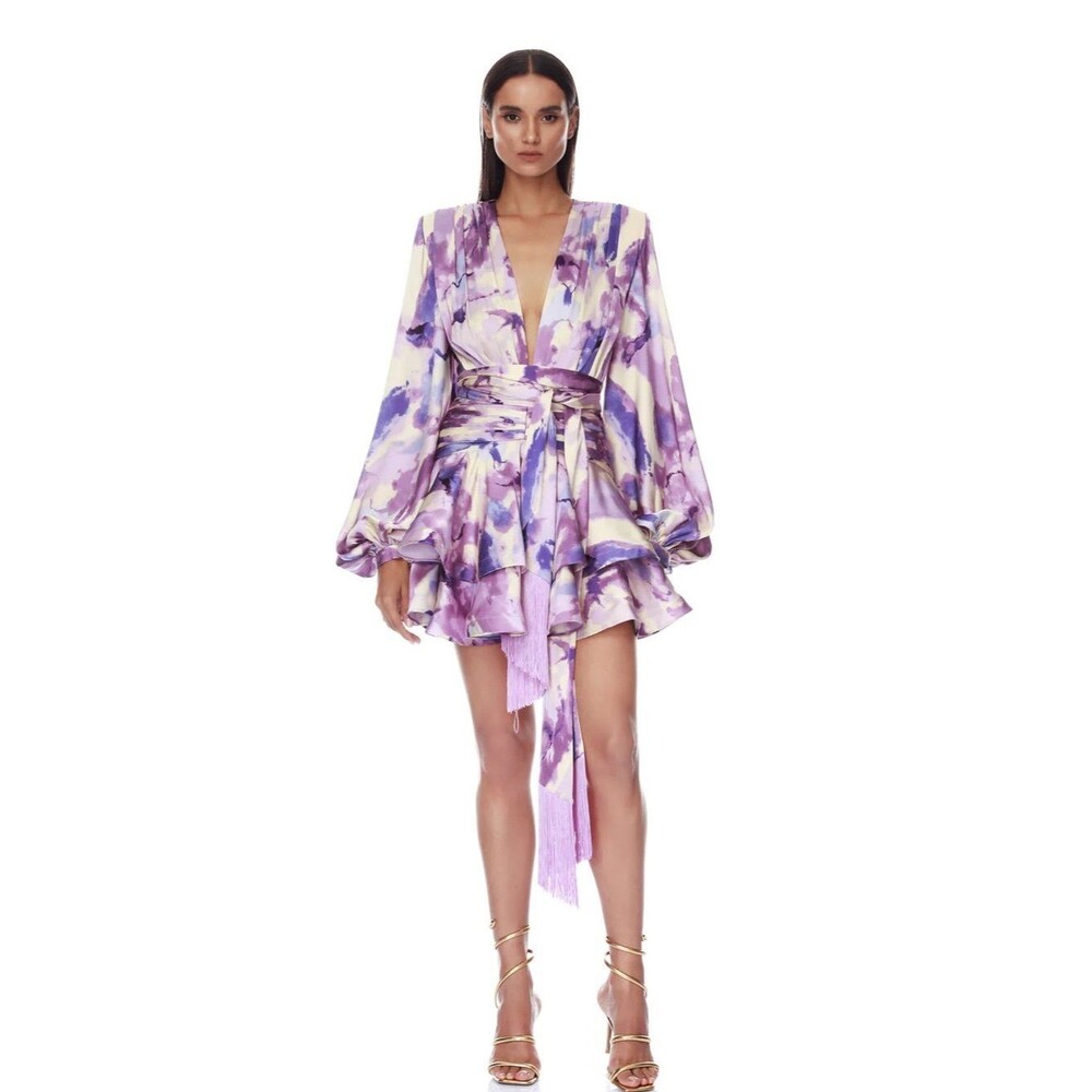 New Bronx and Banco Wisteria Bedouin Coastal Wrap Mini Dress in Purple Multi